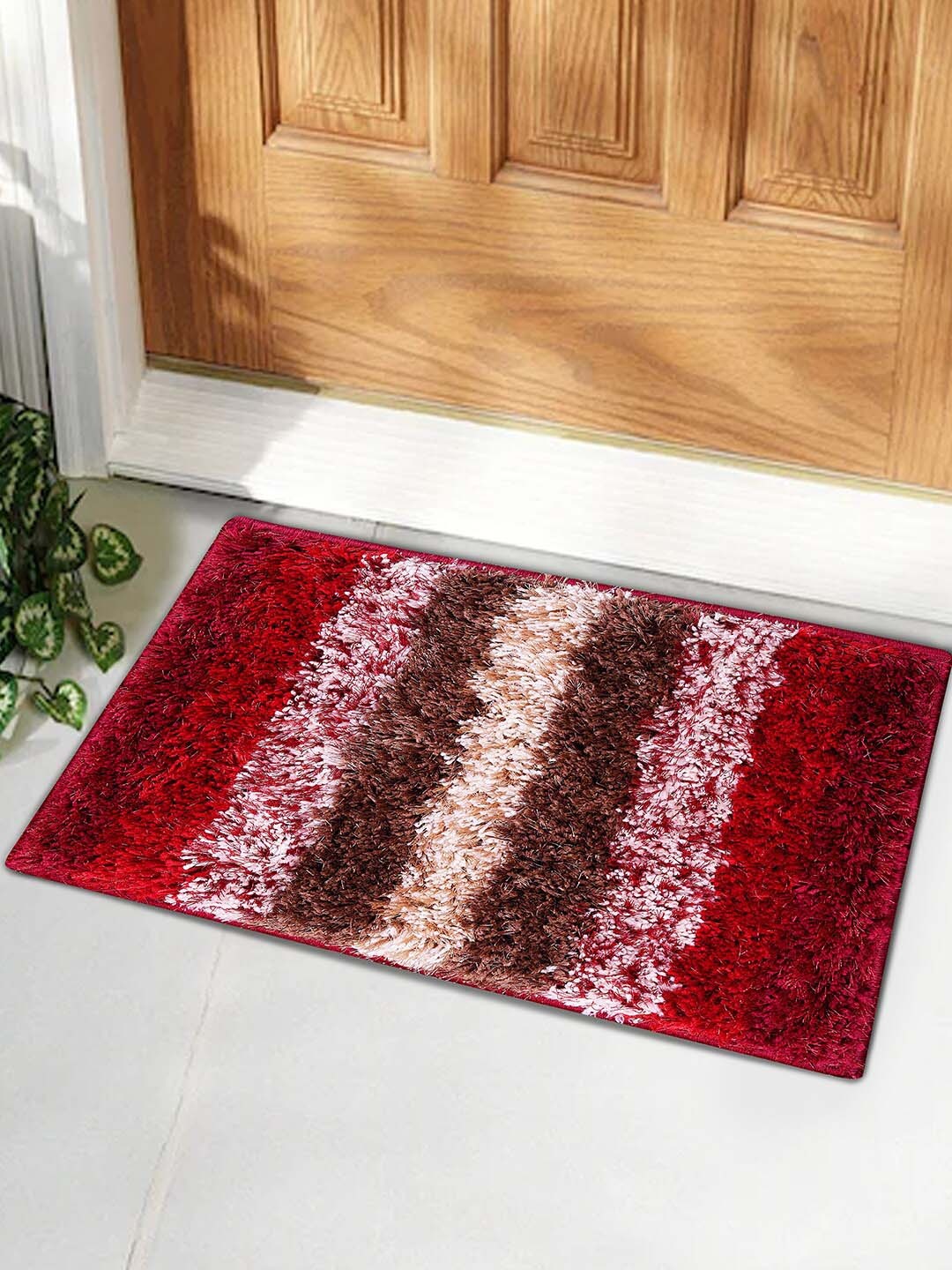 ROMEE Red & Brown Solid Shaggy Anti-Skid Doormat