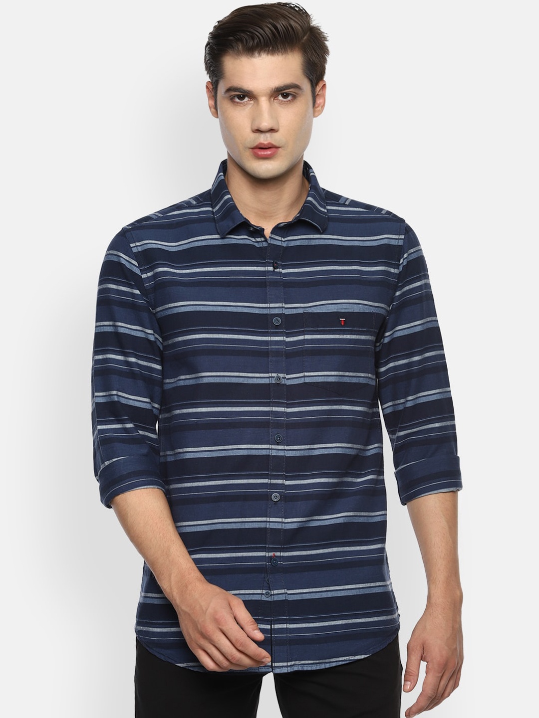Louis Philippe Sport Men Navy Blue Slim Fit Multi Stripes Striped Casual Shirt