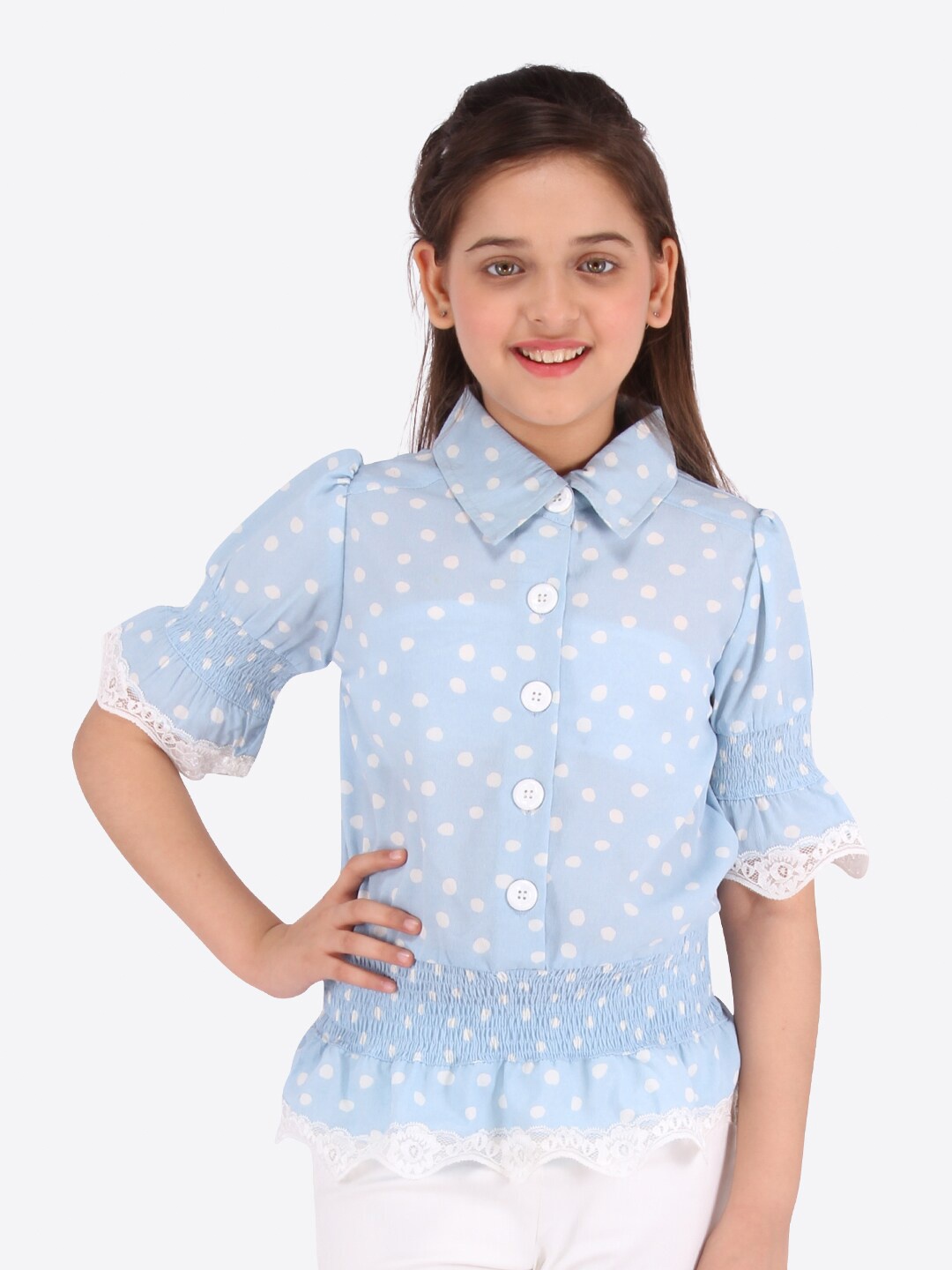 

CUTECUMBER Blue Geometric Puff Sleeve Shirt Style Top