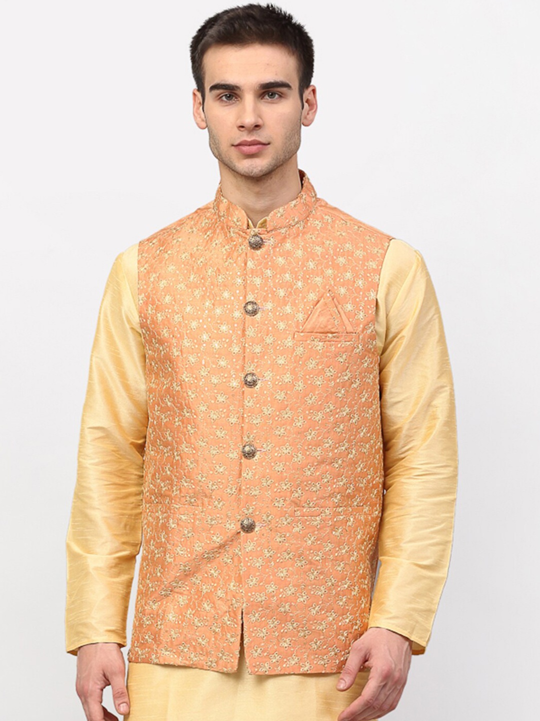 

Jompers Men Peach-Coloured & Gold-Coloured Embroidered Woven Nehru Jacket