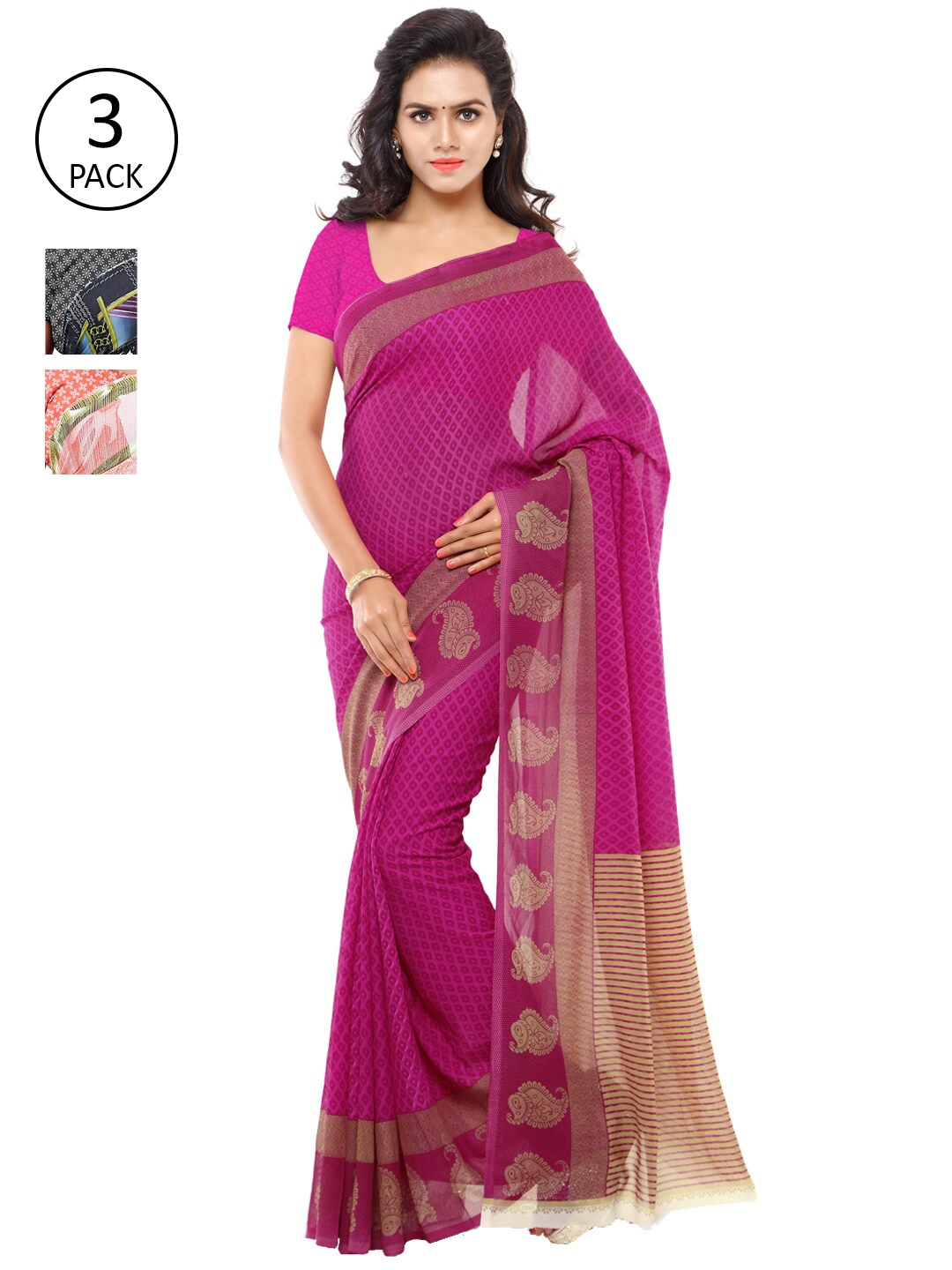 ANAND SAREES Pack Of 3 Pink & Navy Blue Floral Sarees
