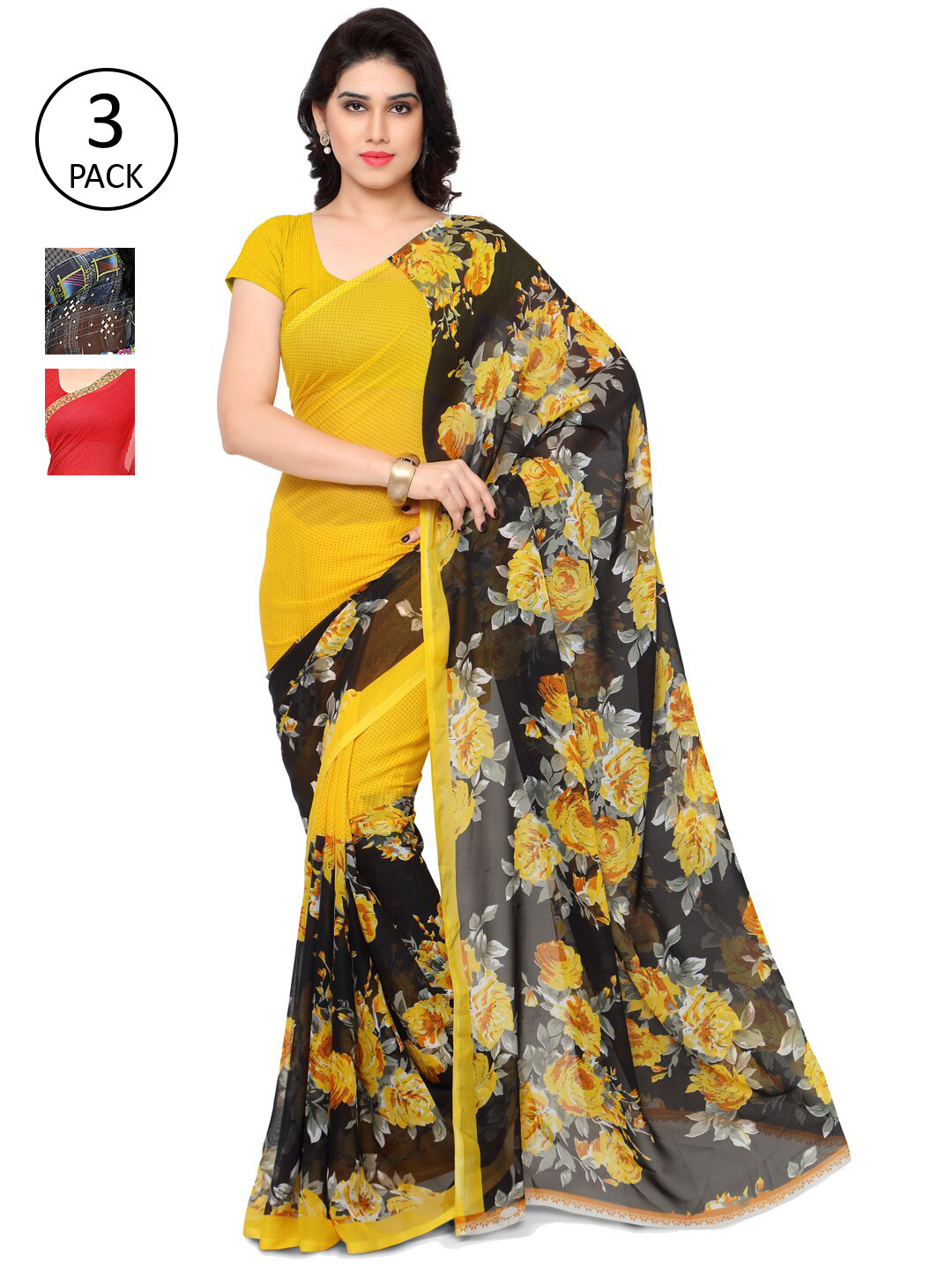 

ANAND SAREES Pack of 3 Printed Poly Georgette Saree, Yellow
