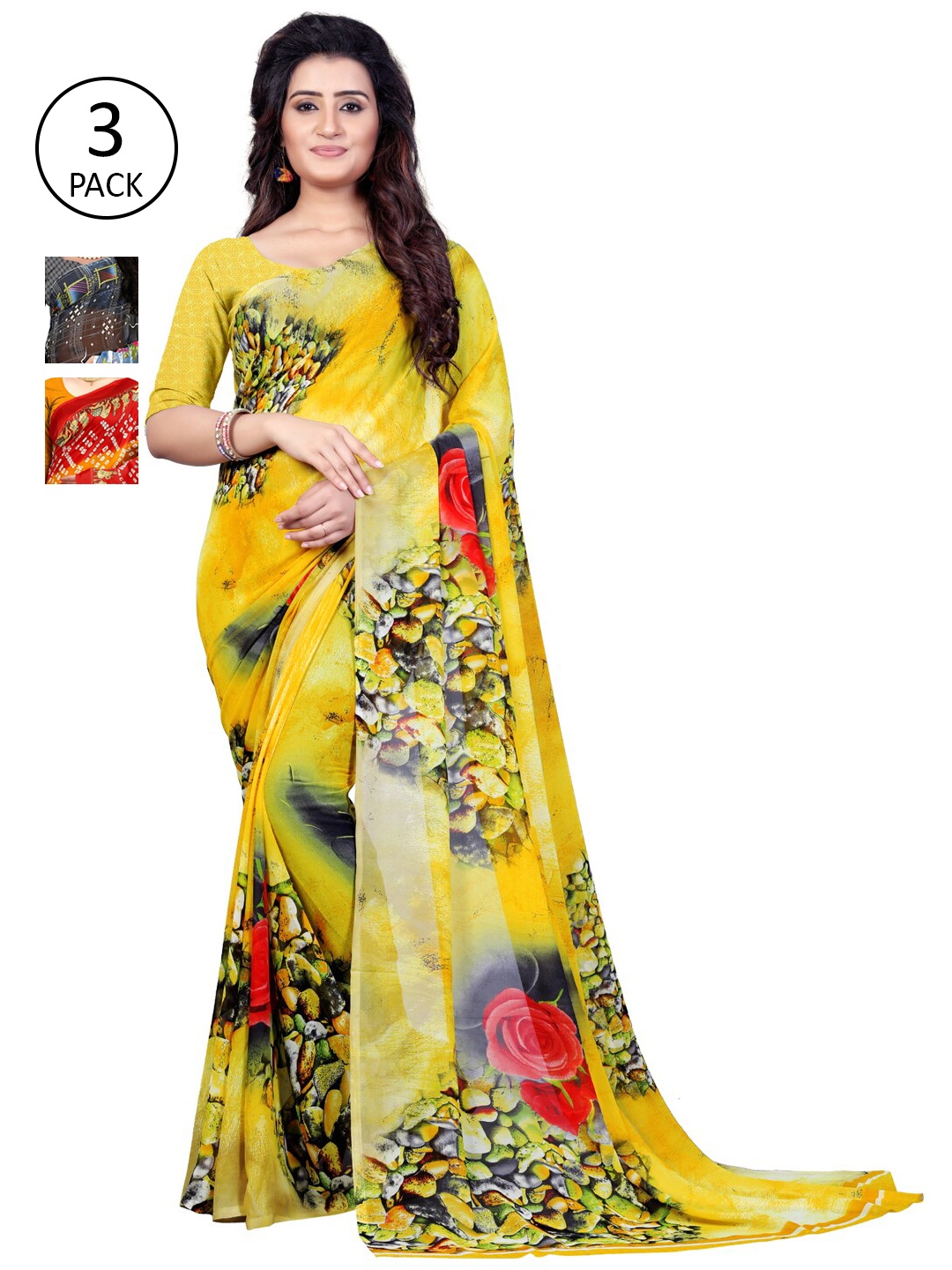 

KALINI Pack of 3 Printed Poly Georgette Saree, Multi