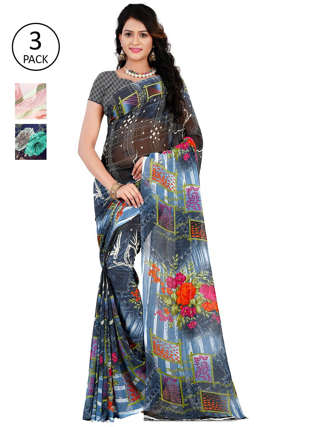 

ANAND SAREES Pack of 3 Poly Georgette Saree, Grey