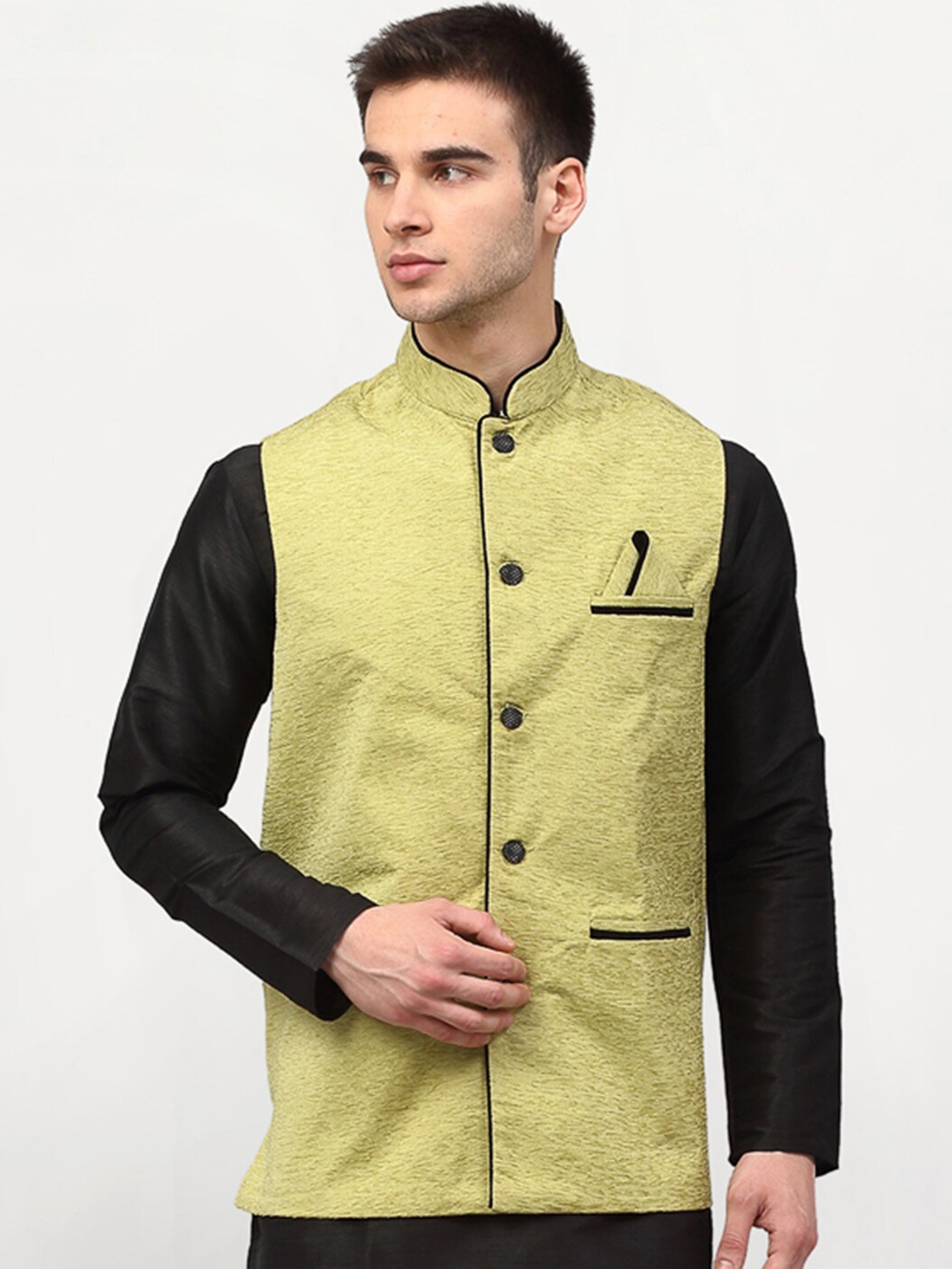 

Jompers Men Green & Black Woven-Design Nehru Jacket