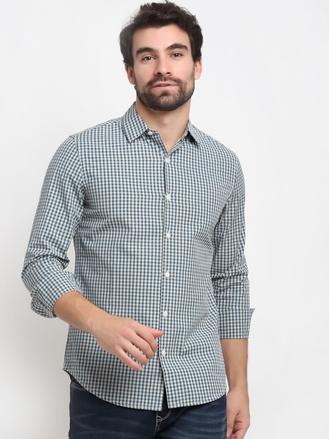 

Bhaane Men Teal Blue Checked Casual Shirt