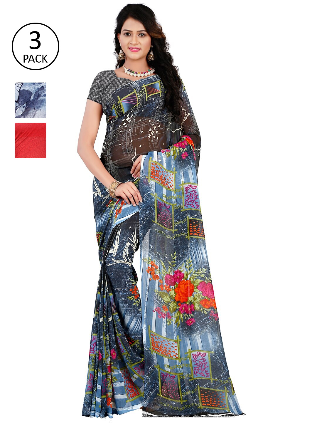

ANAND SAREES Pack of 3 Printed Poly Georgette Saree, Multi