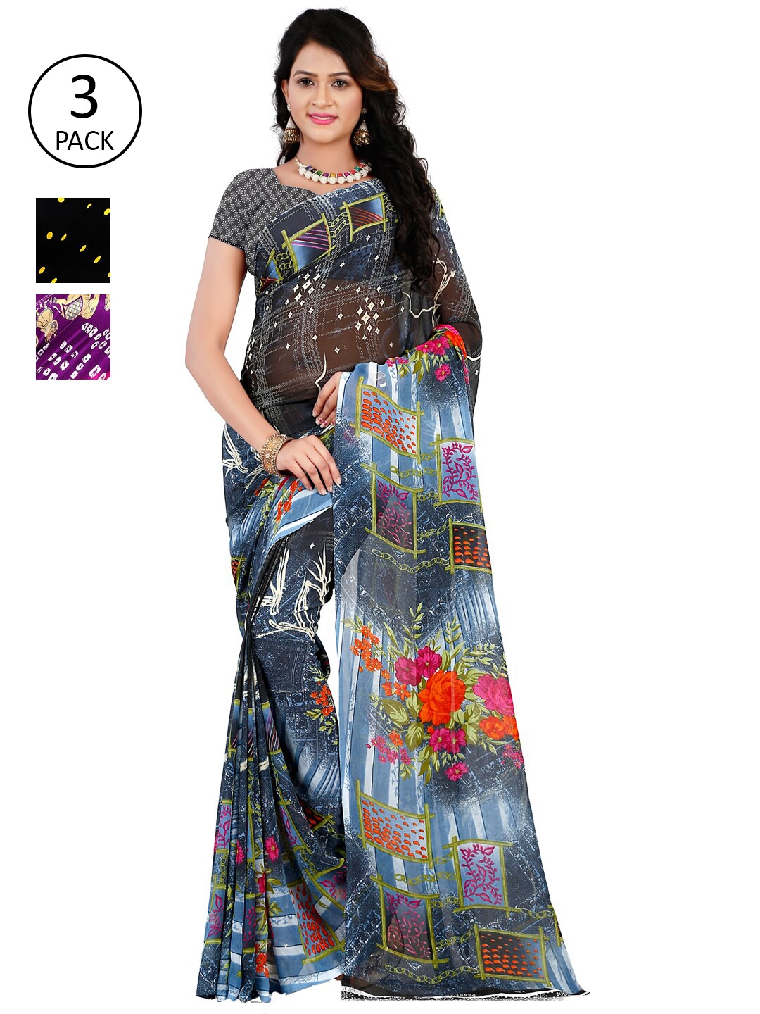 

KALINI Pack Of 3 Blue & Black Poly Georgette Floral Saree