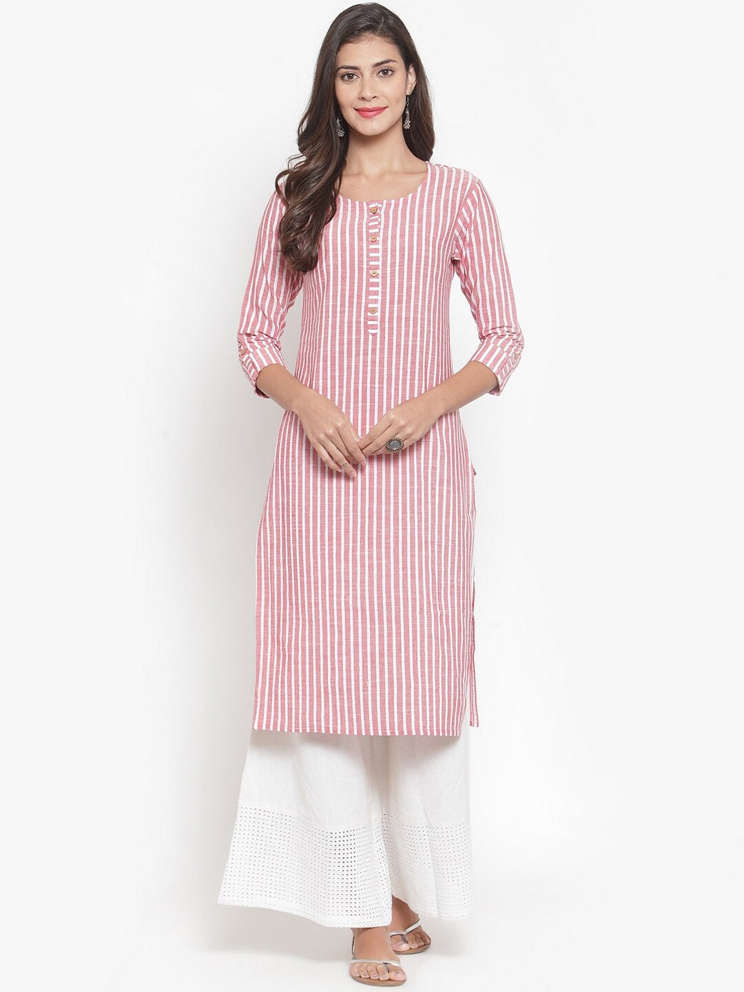 

KSUT Women White & Pink Striped Kurta