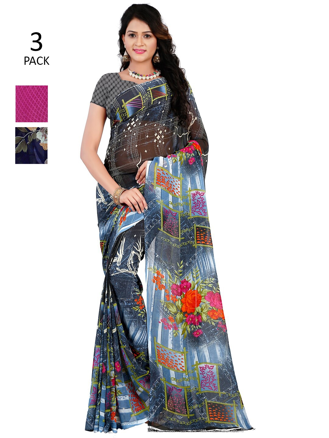 

ANAND SAREES Pack Of 3 Blue & Pink Poly Georgette Floral Saree