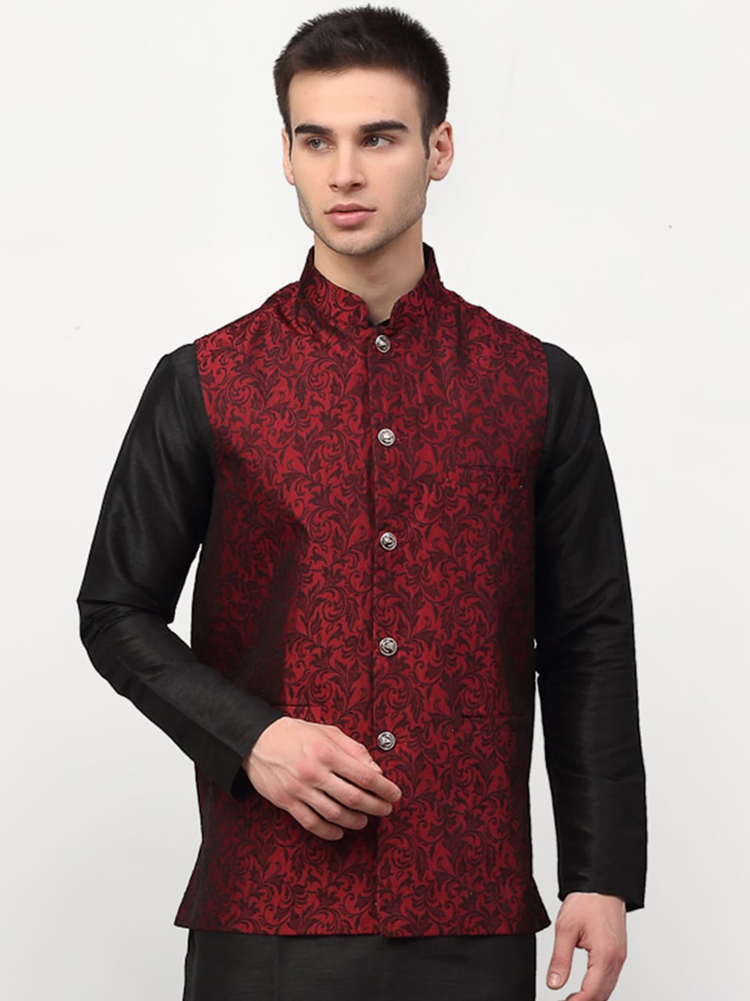 

Jompers Men Maroon Woven Design Nehru Jacket