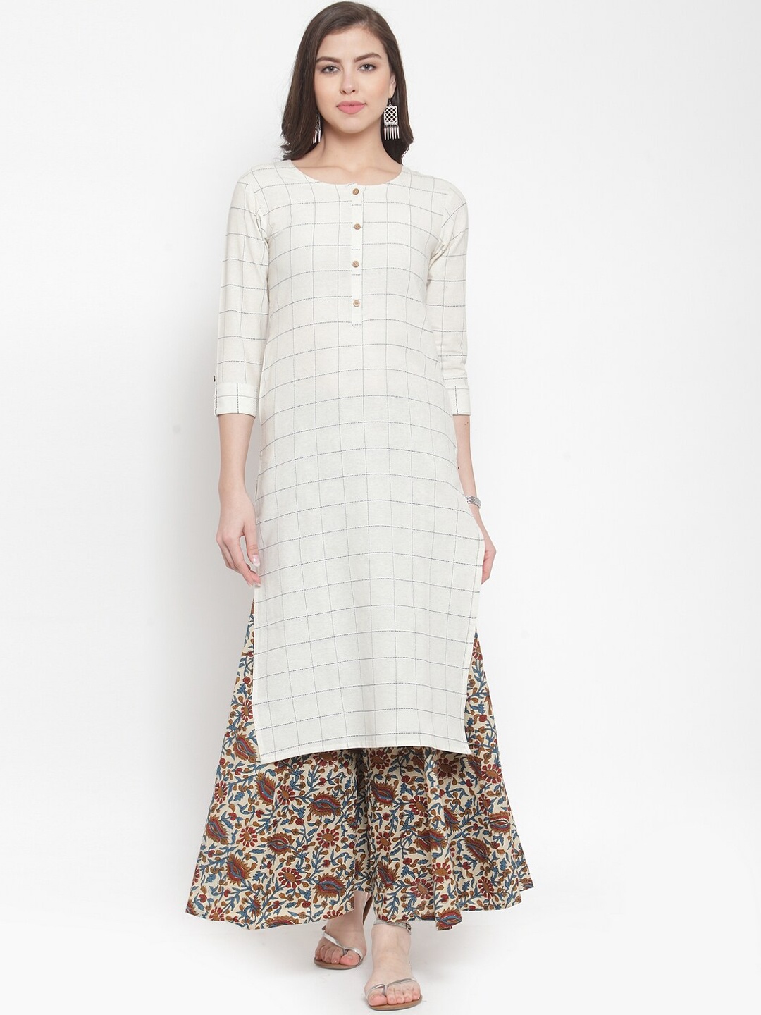 

KSUT Women Off White Checked Kurta