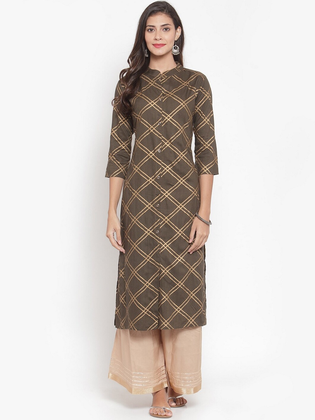 

KSUT Women Olive Checked Flared Sleeves Mirror Work Kurta