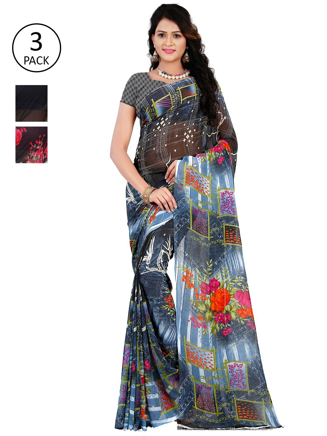 

ANAND SAREES Pack Of 3 Poly Georgette Sarees, Grey