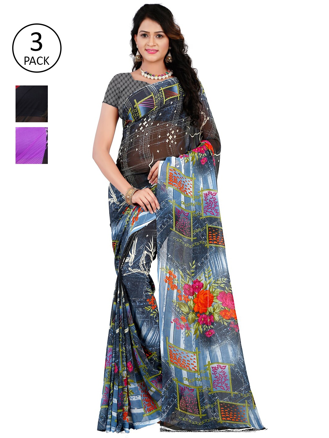 ANAND SAREES Pack Of 3 Poly Georgette Sarees, Purple