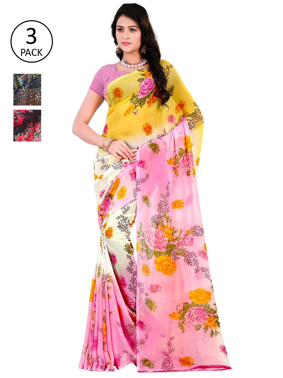 

ANAND SAREES Pack Of 3 Poly Georgette Sarees, Pink