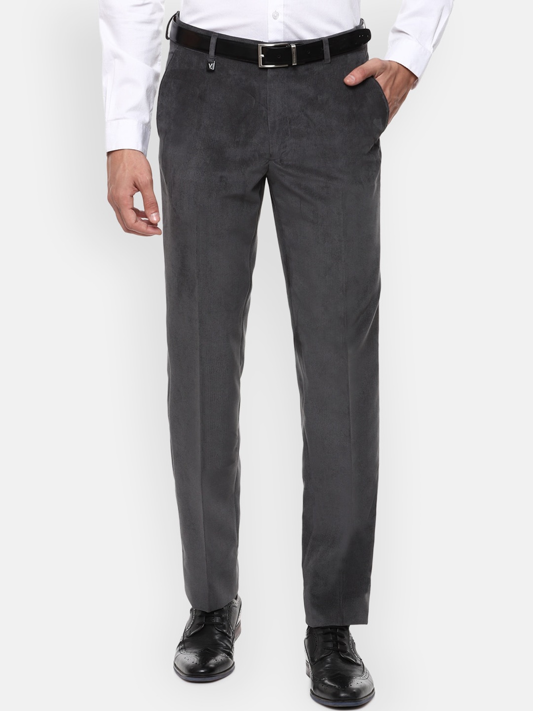 V Dot Men Grey Textured Slim Fit Formal Trousers