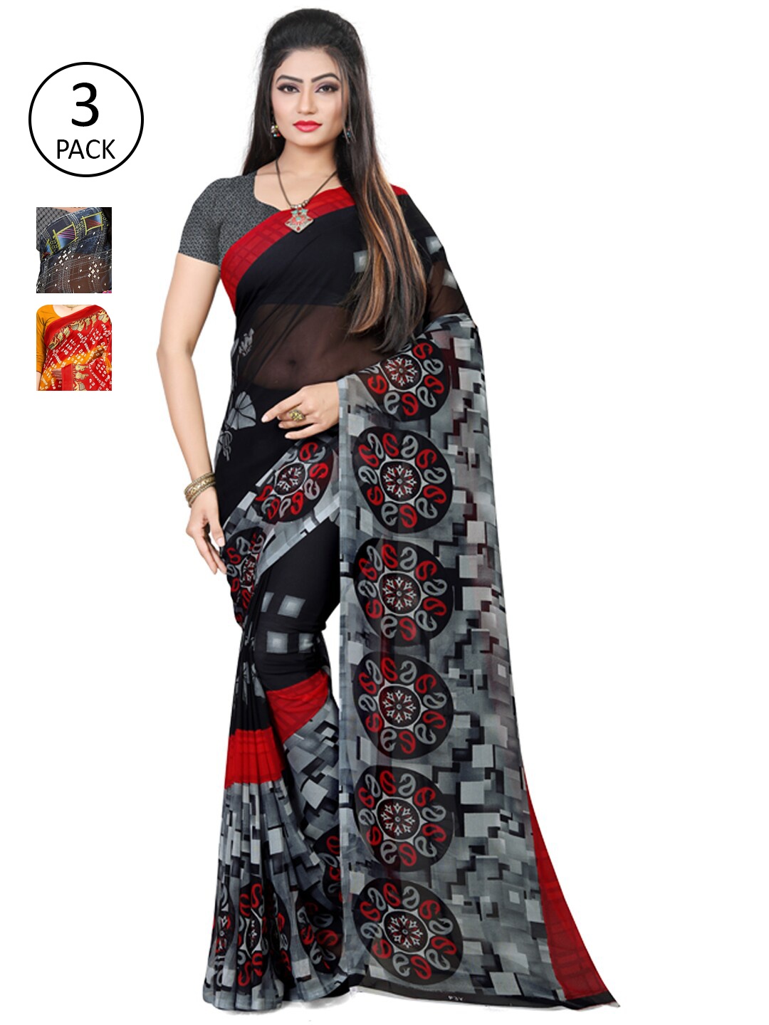 

KALINI Pack of 3 Printed Sarees, Blue