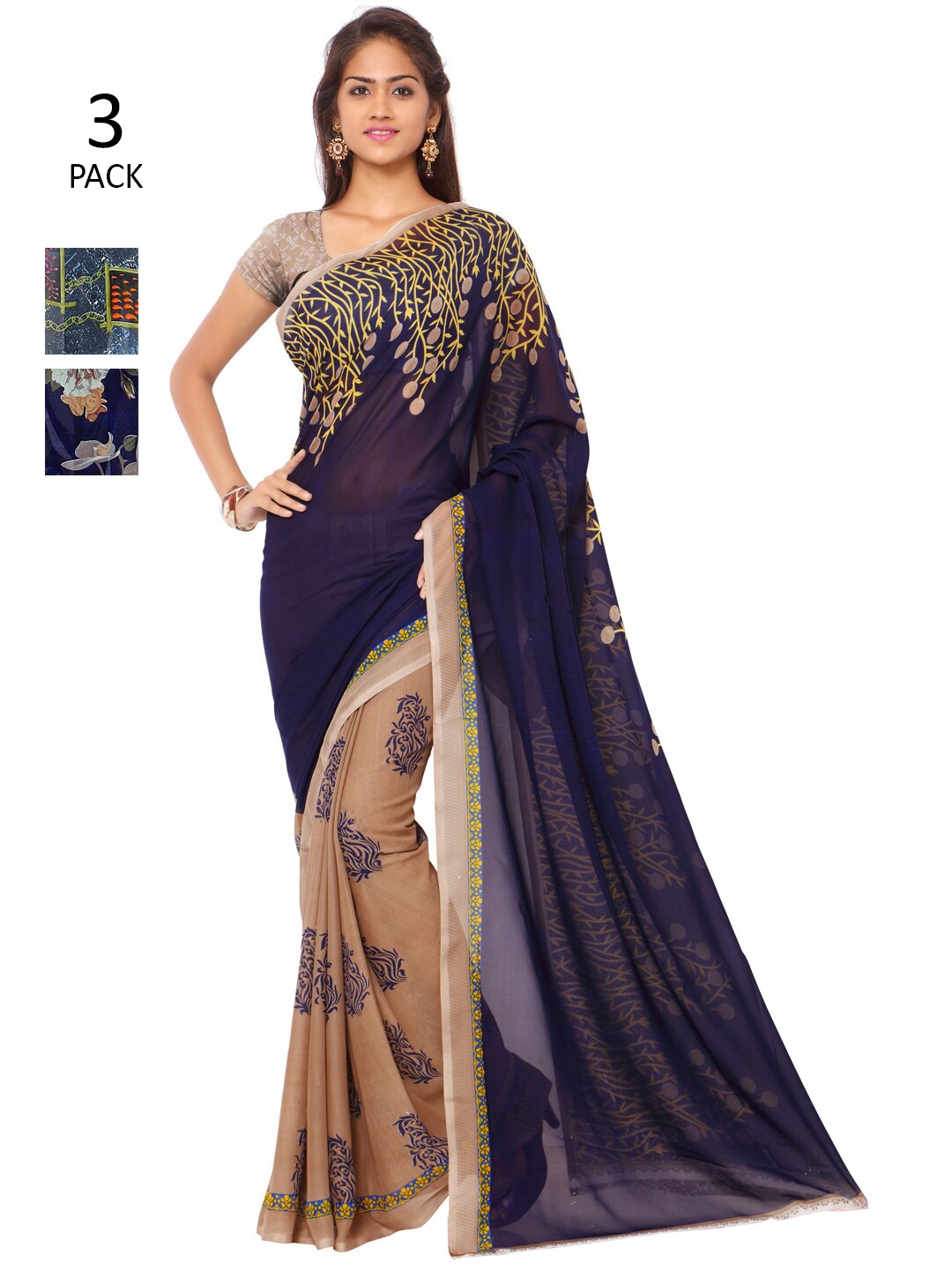 ANAND SAREES Pack of 3 Printed Poly Georgette Saree, Grey