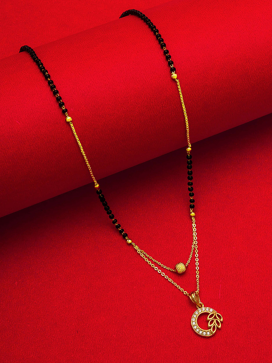 

aadita Gold-Plated Black & White AD-Studded & Beaded Mangalsutra