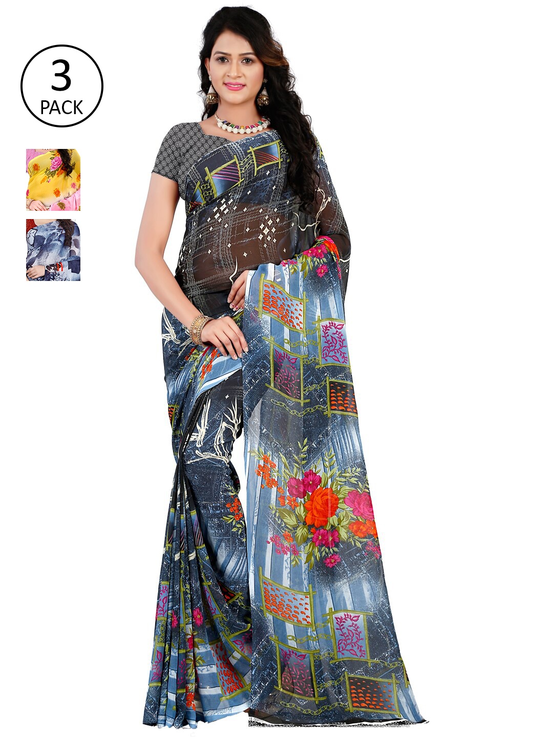 

ANAND SAREES Pack Of 3 Poly Georgette Floral Sarees, Pink
