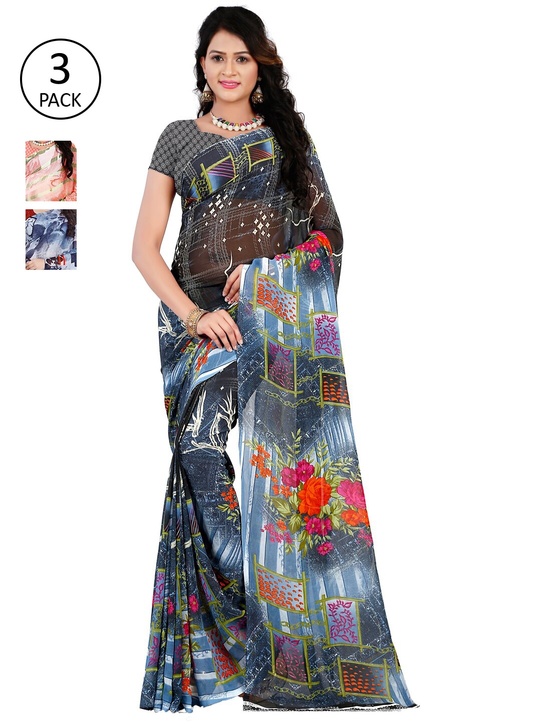 

ANAND SAREES Pack Of 3 Blue & Black Poly Georgette Floral Saree