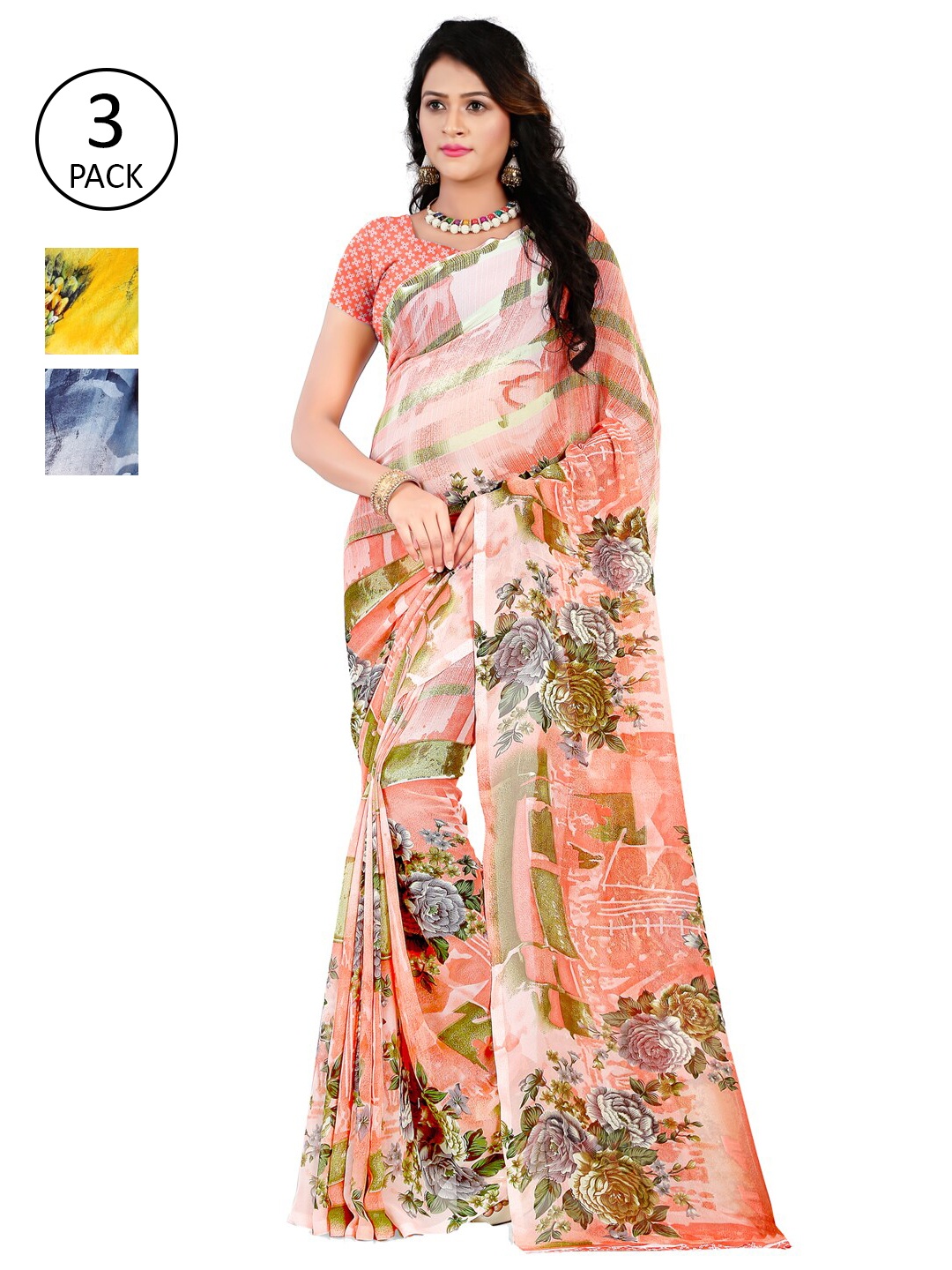 

ANAND SAREES Pack of 3 Floral Printed Saree, Multi