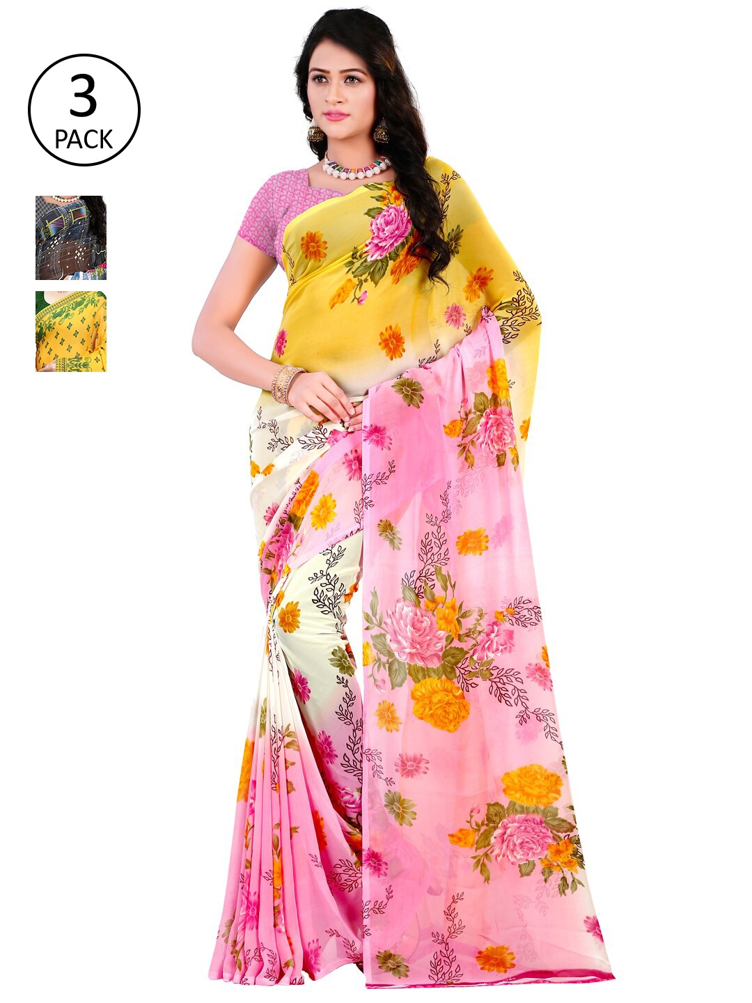 

ANAND SAREES Pack Of 3 Poly Georgette Sarees, Yellow