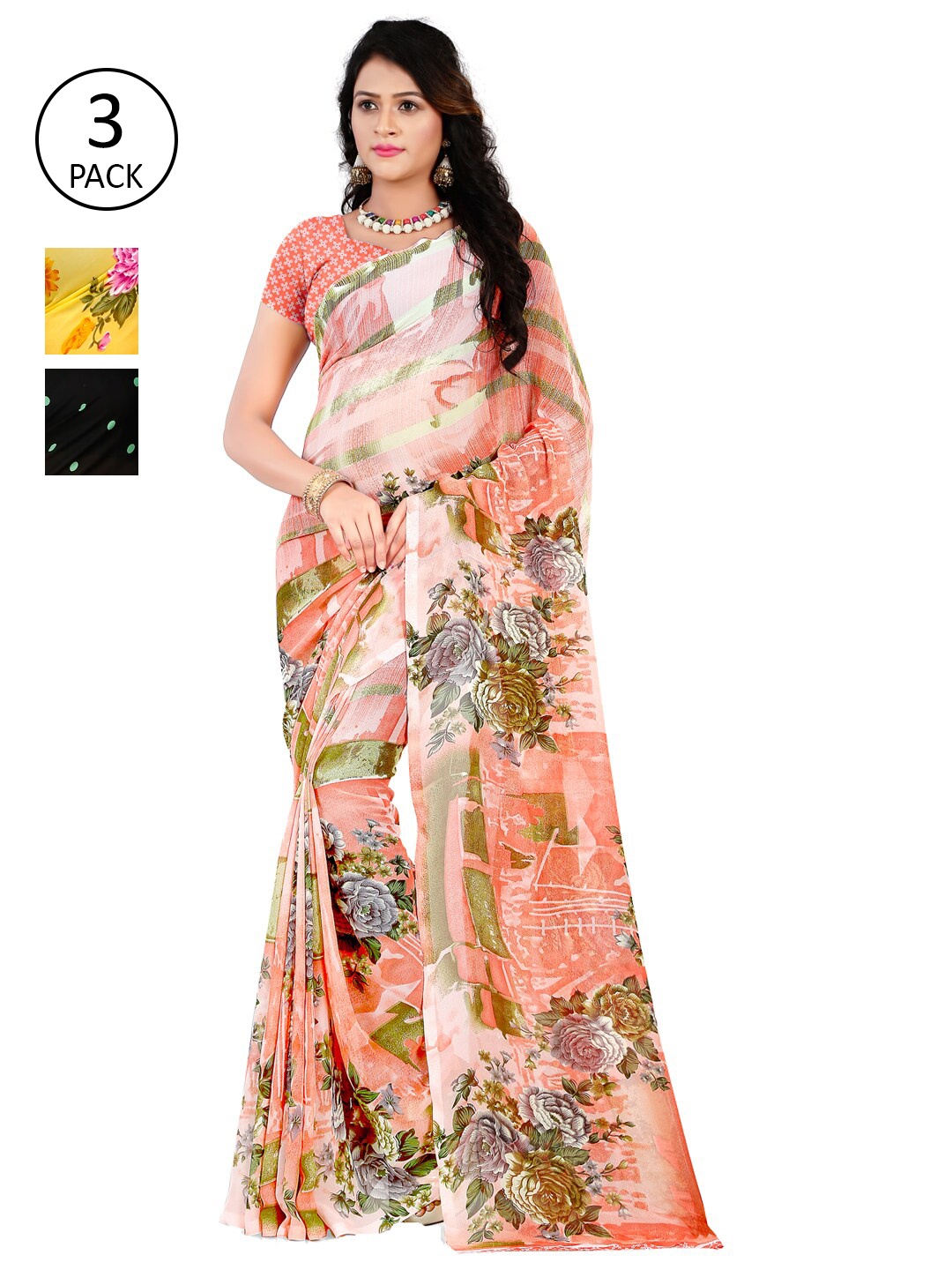 

ANAND SAREES Pack Of 3 Poly Georgette Floral Sarees, Pink