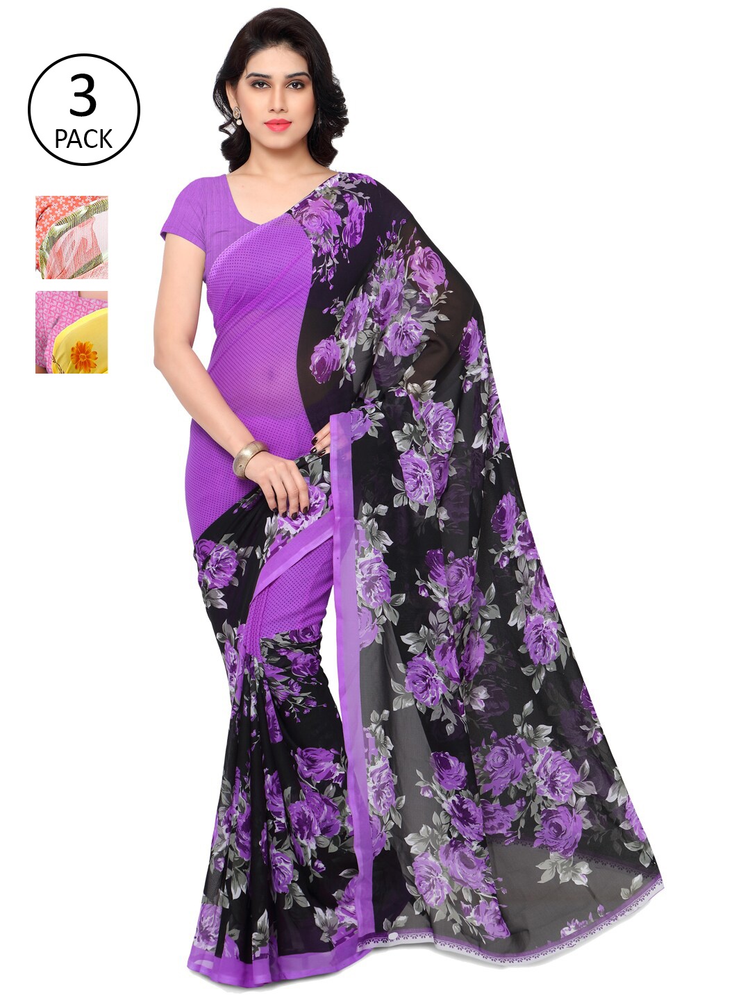 

ANAND SAREES Pack Of 3 Peach & Purple Poly Georgette Floral Saree