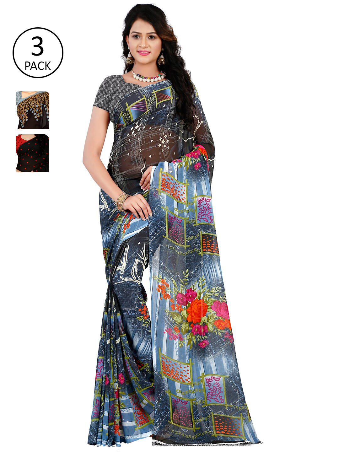 

ANAND SAREES Pack Of 3 Grey & Black Floral Sarees