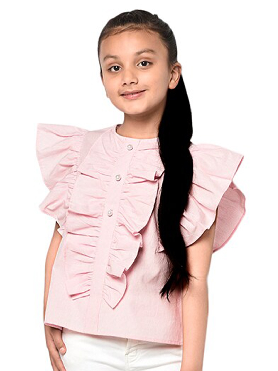

BLANC9 Girls Pink Flutter Sleeve Ruffles Regular Top