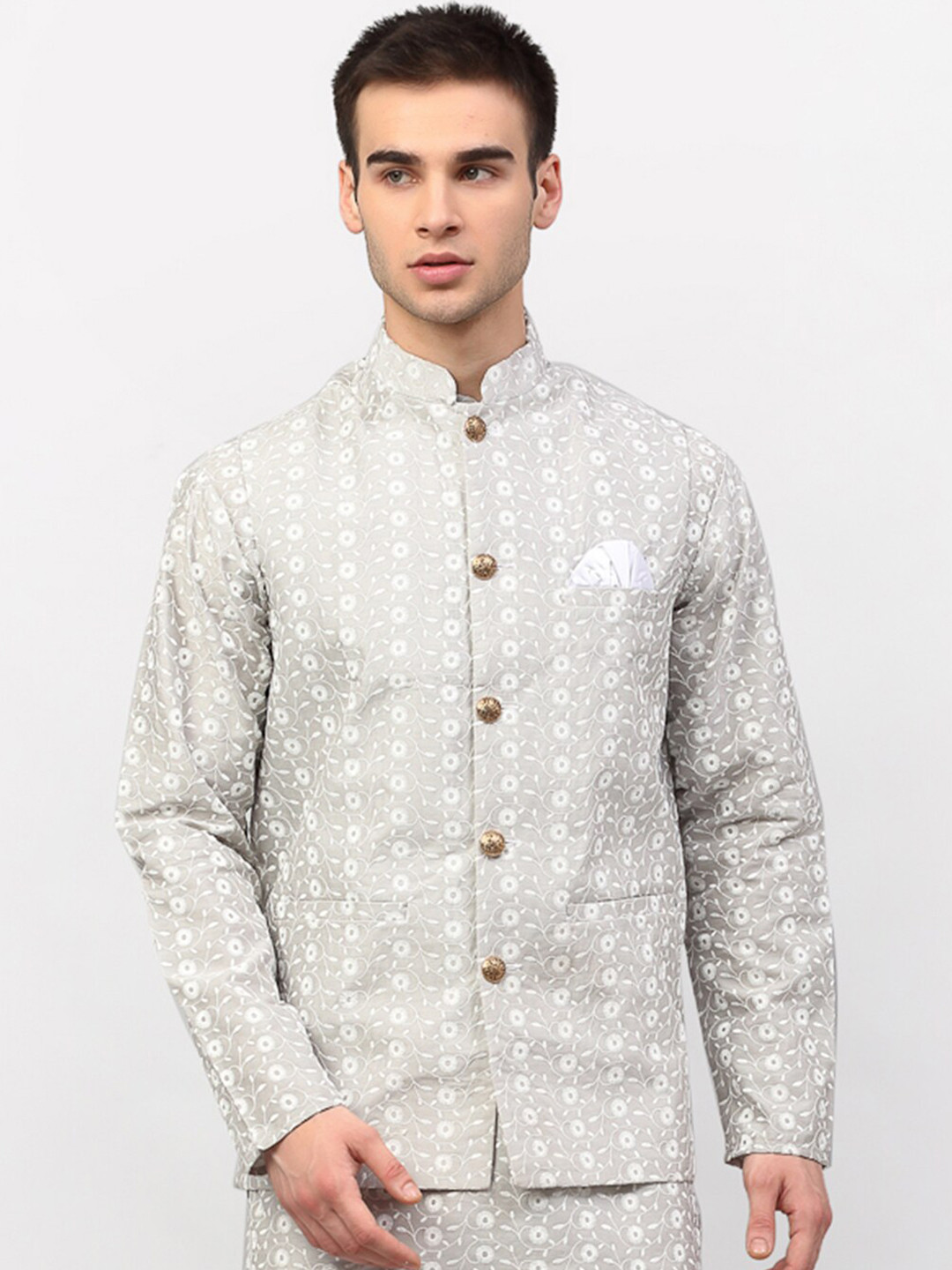 

Jompers Men Grey & White Woven-Design Pure Cotton Nehru Jacket