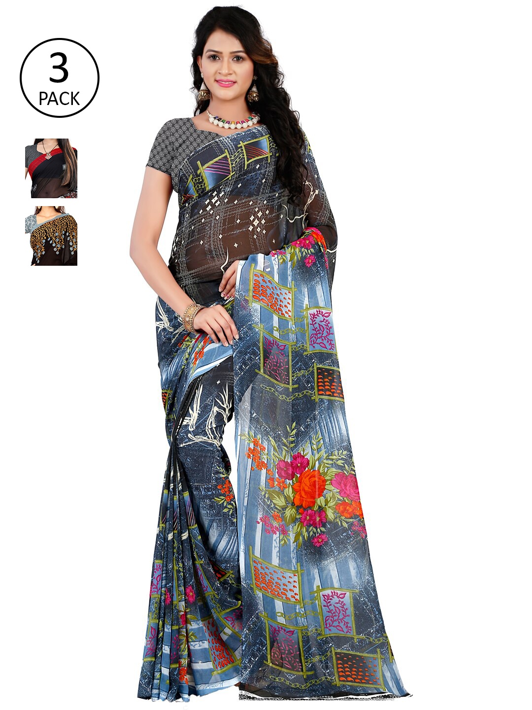 ANAND SAREES Pack Of 3 Poly Georgette Sarees, Black