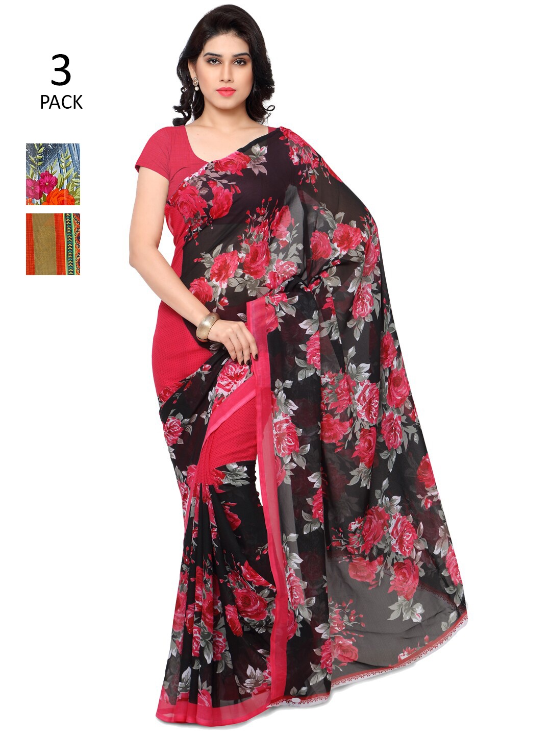 ANAND SAREES Pack of 3 Floral Printed Saree, Blue