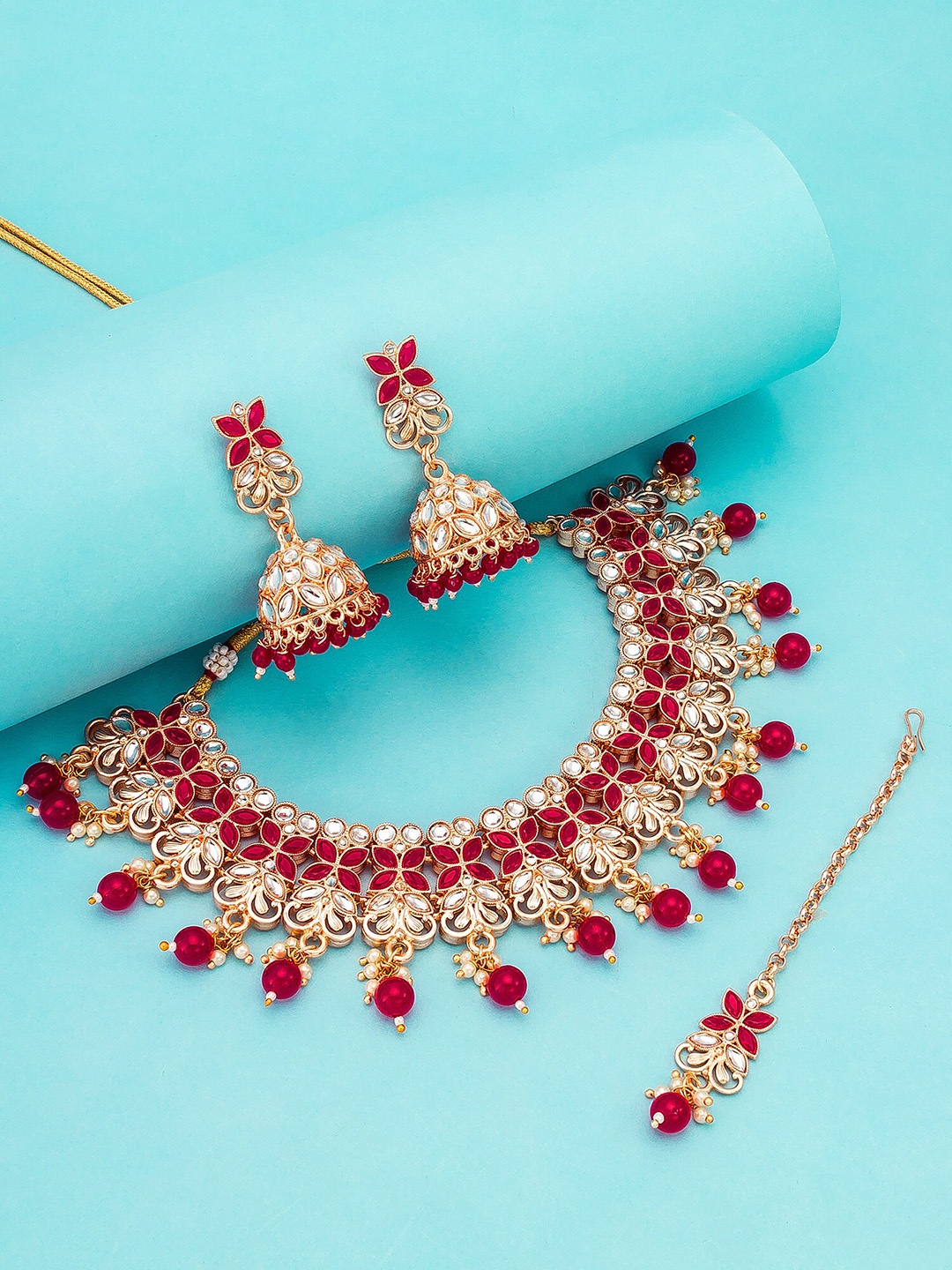 

aadita Gold-Plated Red & White Stone-Studded Pearl Beaded Temple Jewellery Set