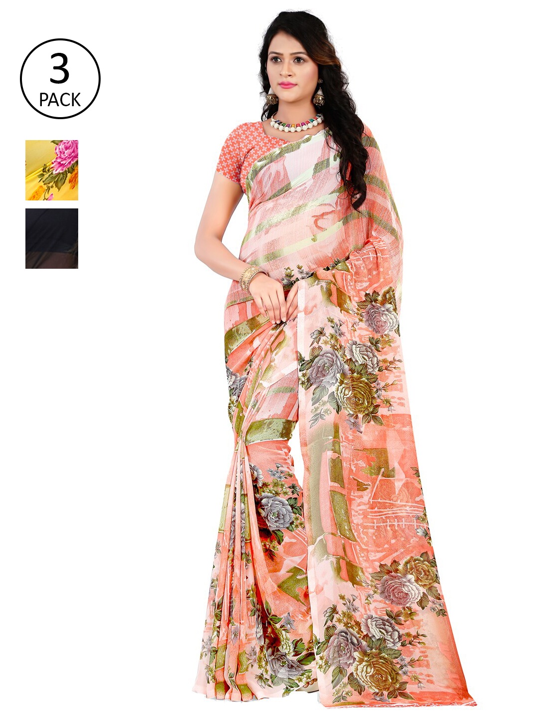 

ANAND SAREES Pack Of 3 Poly Georgette Floral Sarees, Peach