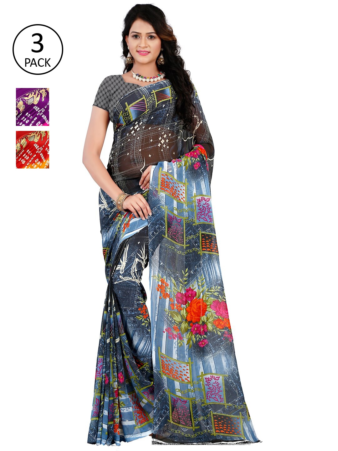 

KALINI Pack of 3 Poly Georgette Saree, Red