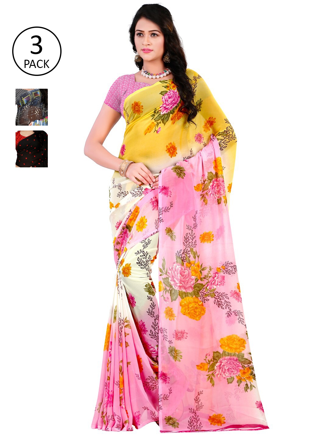 ANAND SAREES Pack of 3 Printed Poly Georgette Saree, Multi