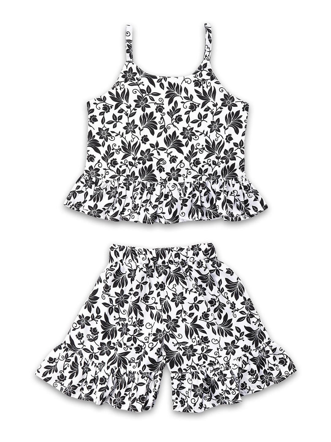 

Kidling Girls White & Black Floral Printed Top with Shorts
