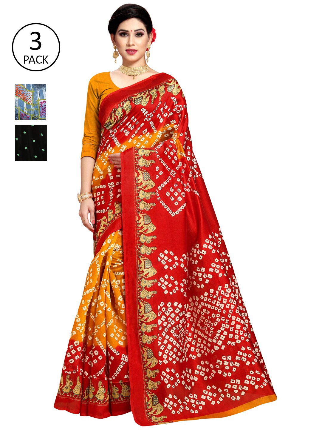 

KALINI Pack Of 3 Poly Georgette Sarees, Red