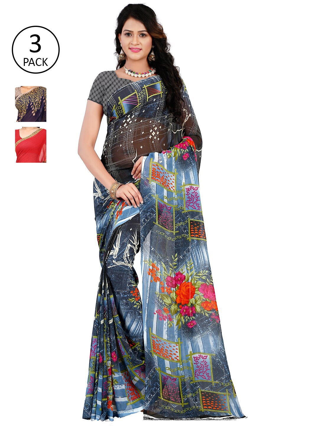 

ANAND SAREES Pack of 3 Floral Printed Saree, Multi