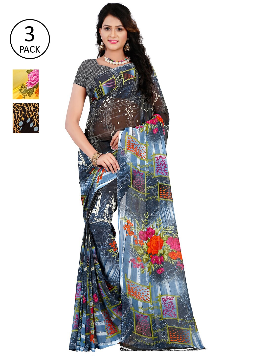 

ANAND SAREES Pack of 3 Printed Poly Georgette Saree, Multi