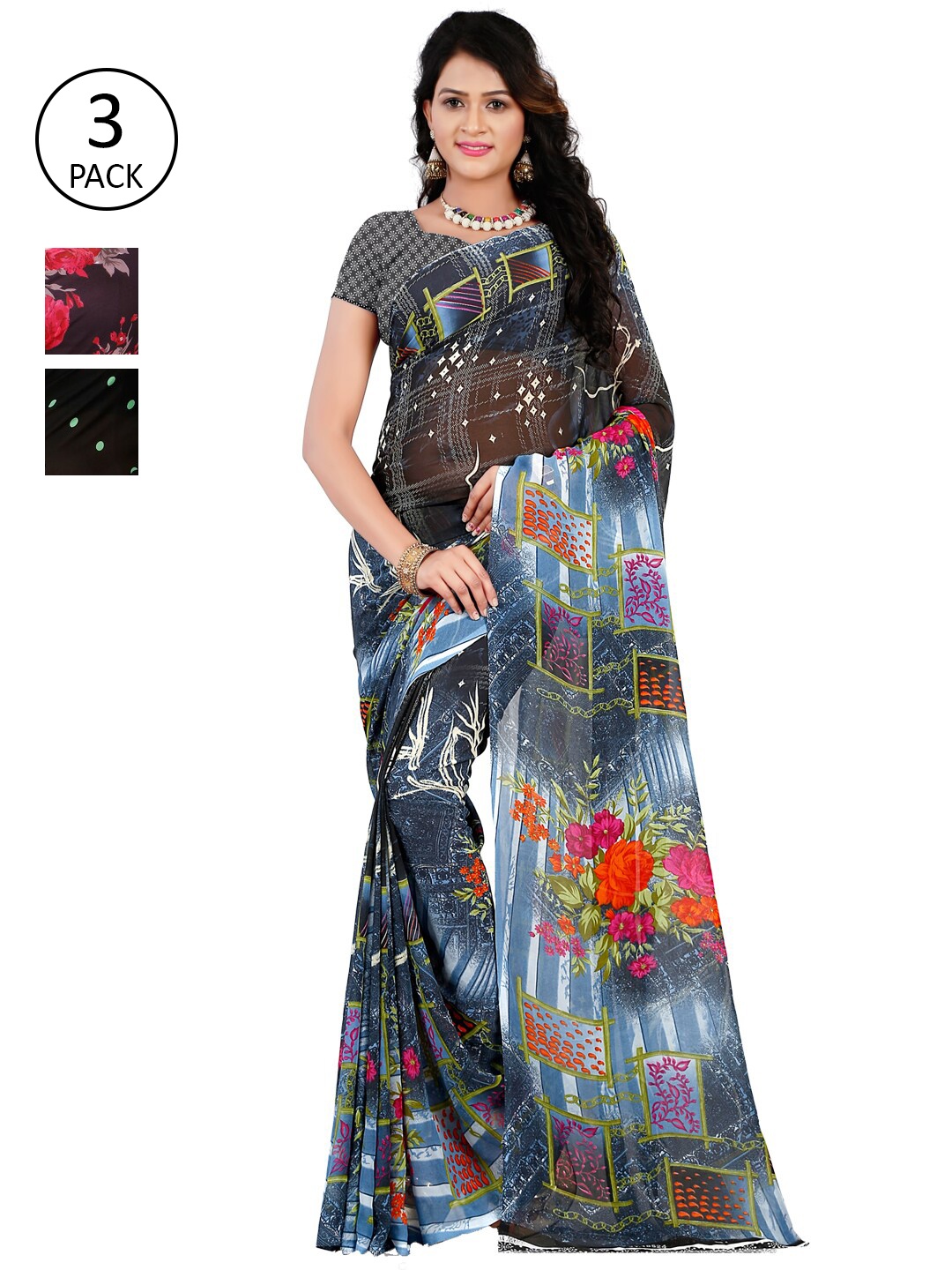 

ANAND SAREES Pack Of 3 Grey & Red Poly Georgette Floral Saree