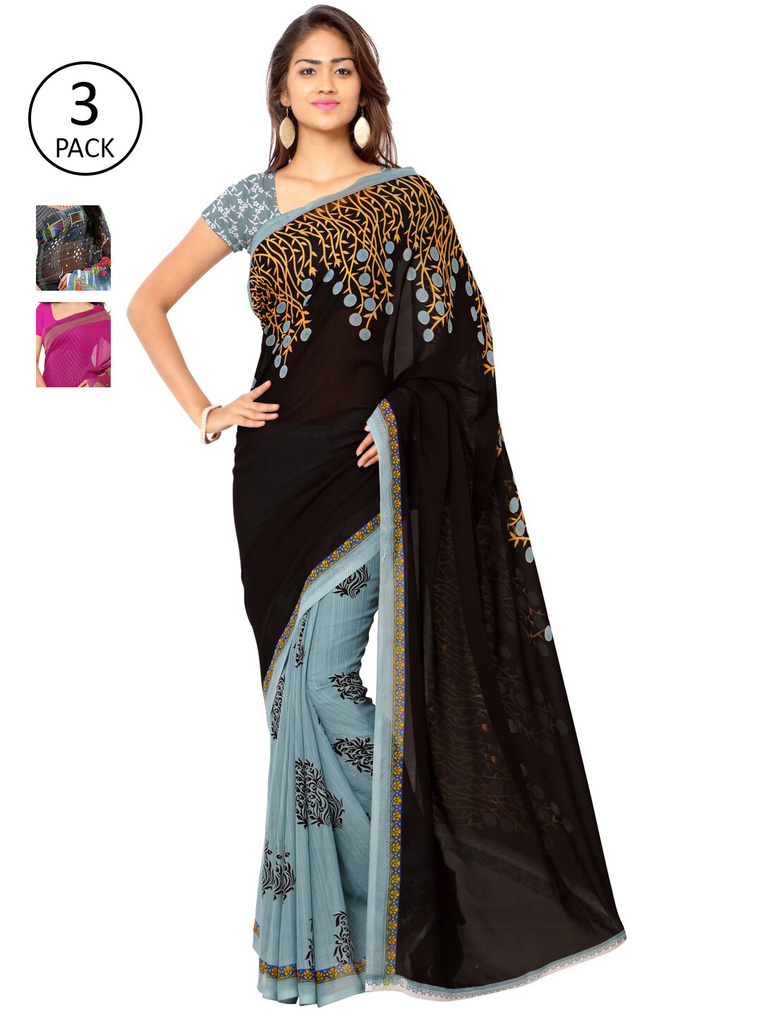 

ANAND SAREES Pack Of 3 Blue & Black Floral Sarees
