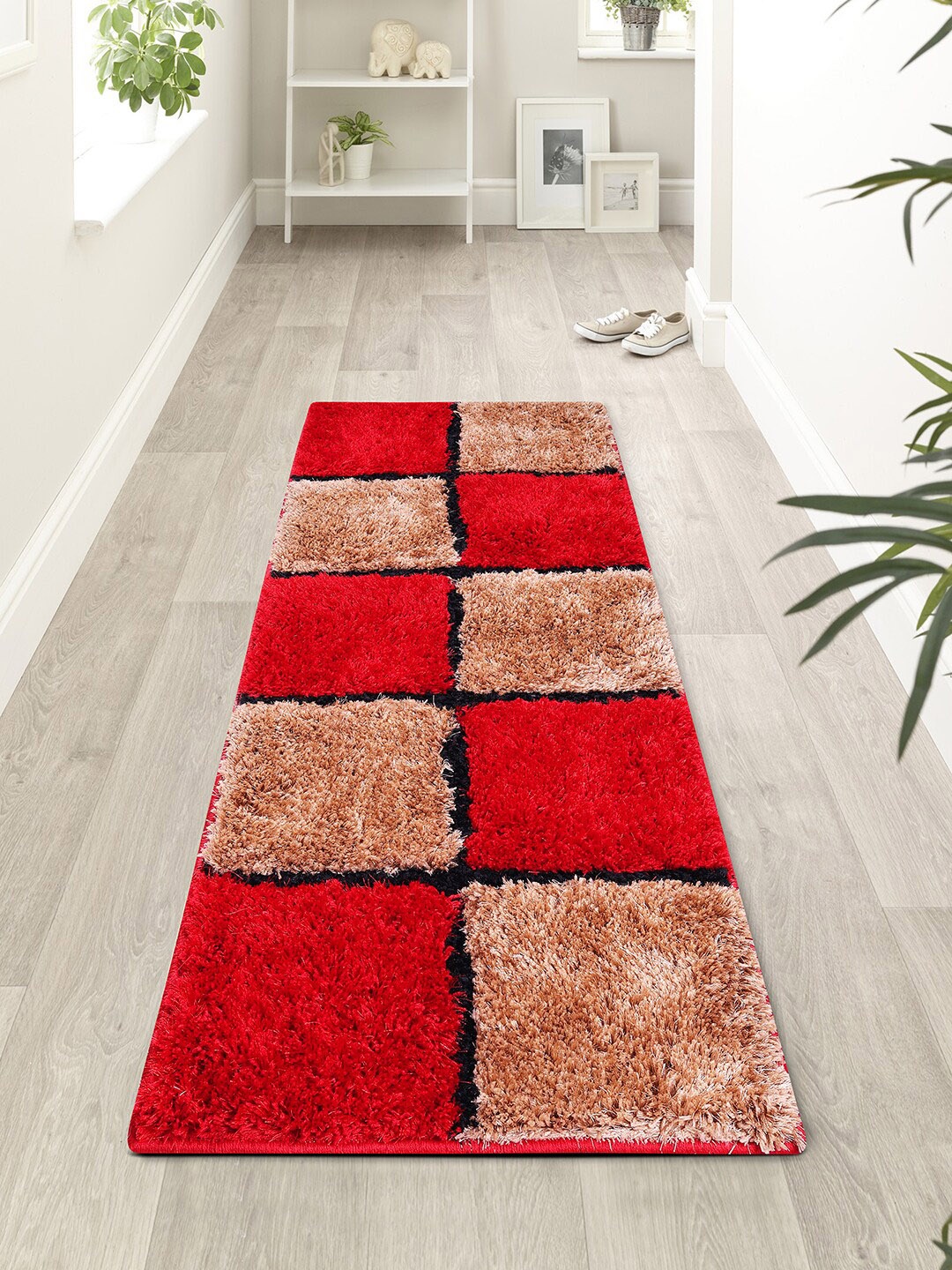 

ROMEE Red & Beige Checked Shaggy Rectangular Floor Runner