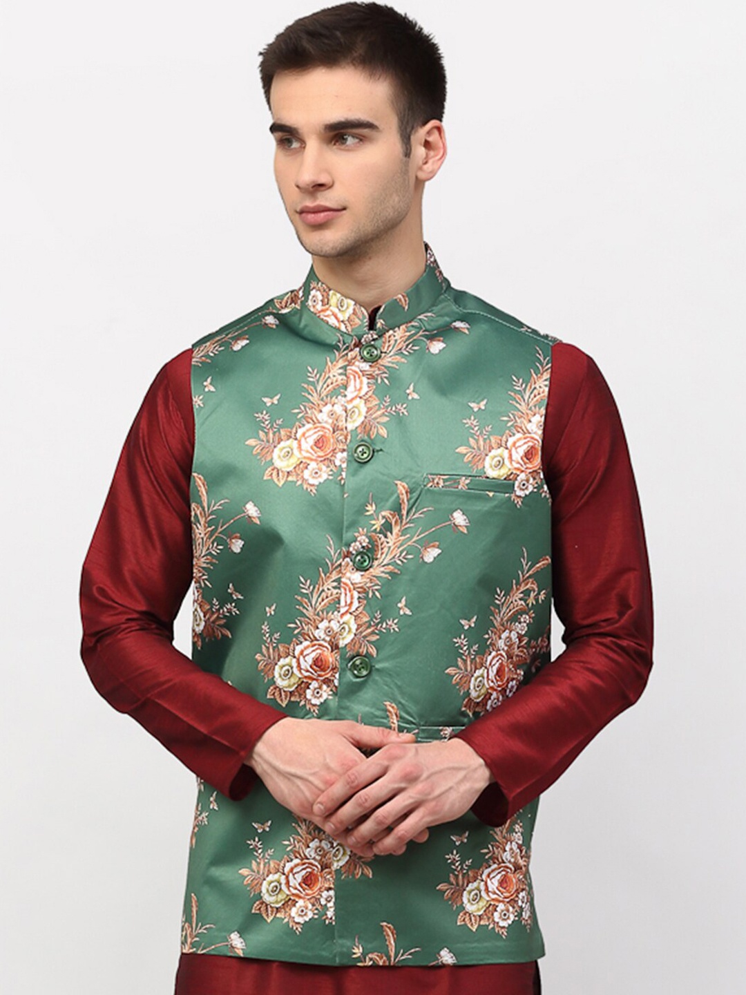 

Jompers Men Green & Brown Floral Printed Satin Nehru Jacket