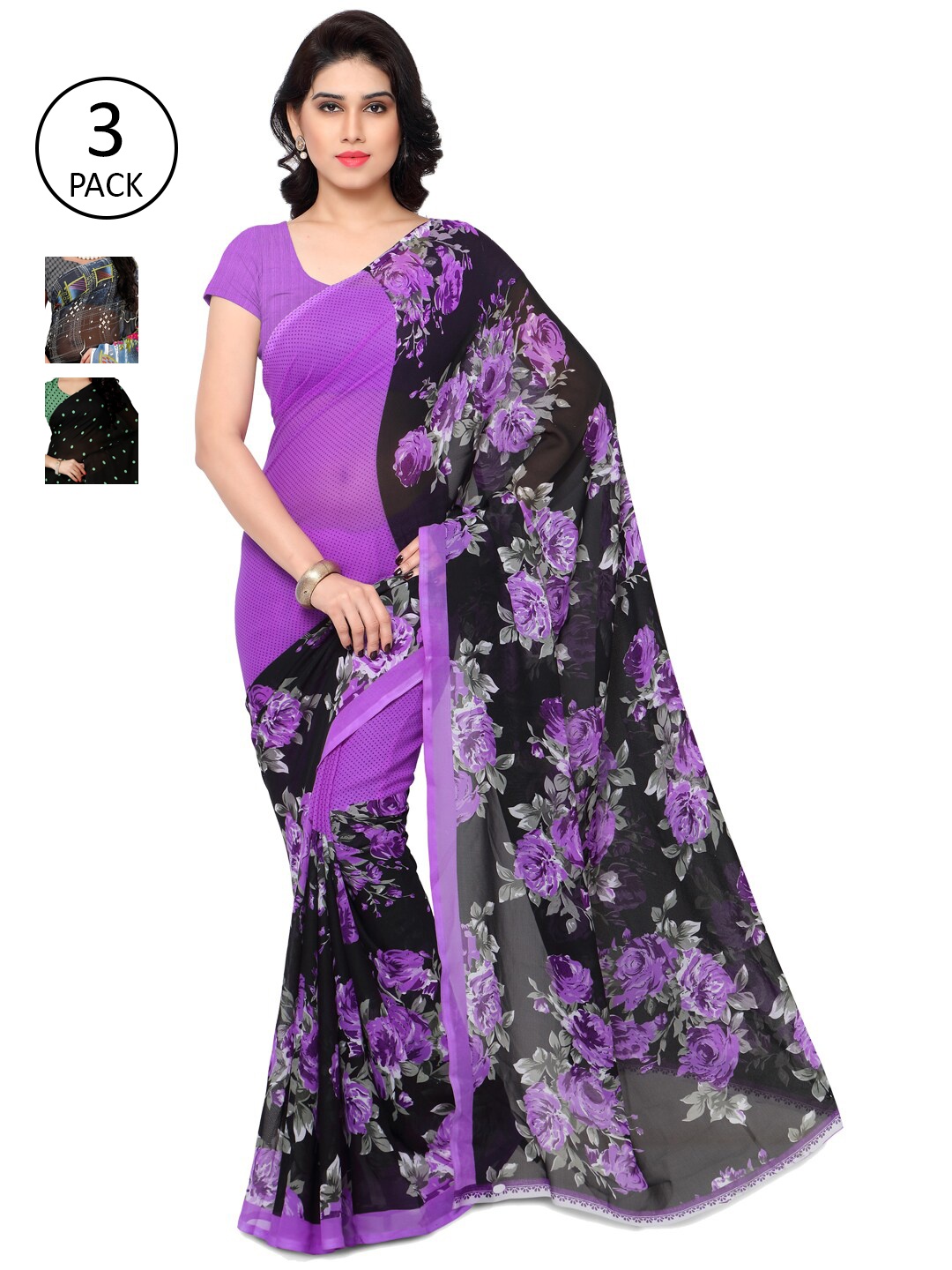 

ANAND SAREES Pack Of 3 Purple & Black Poly Georgette Floral Saree