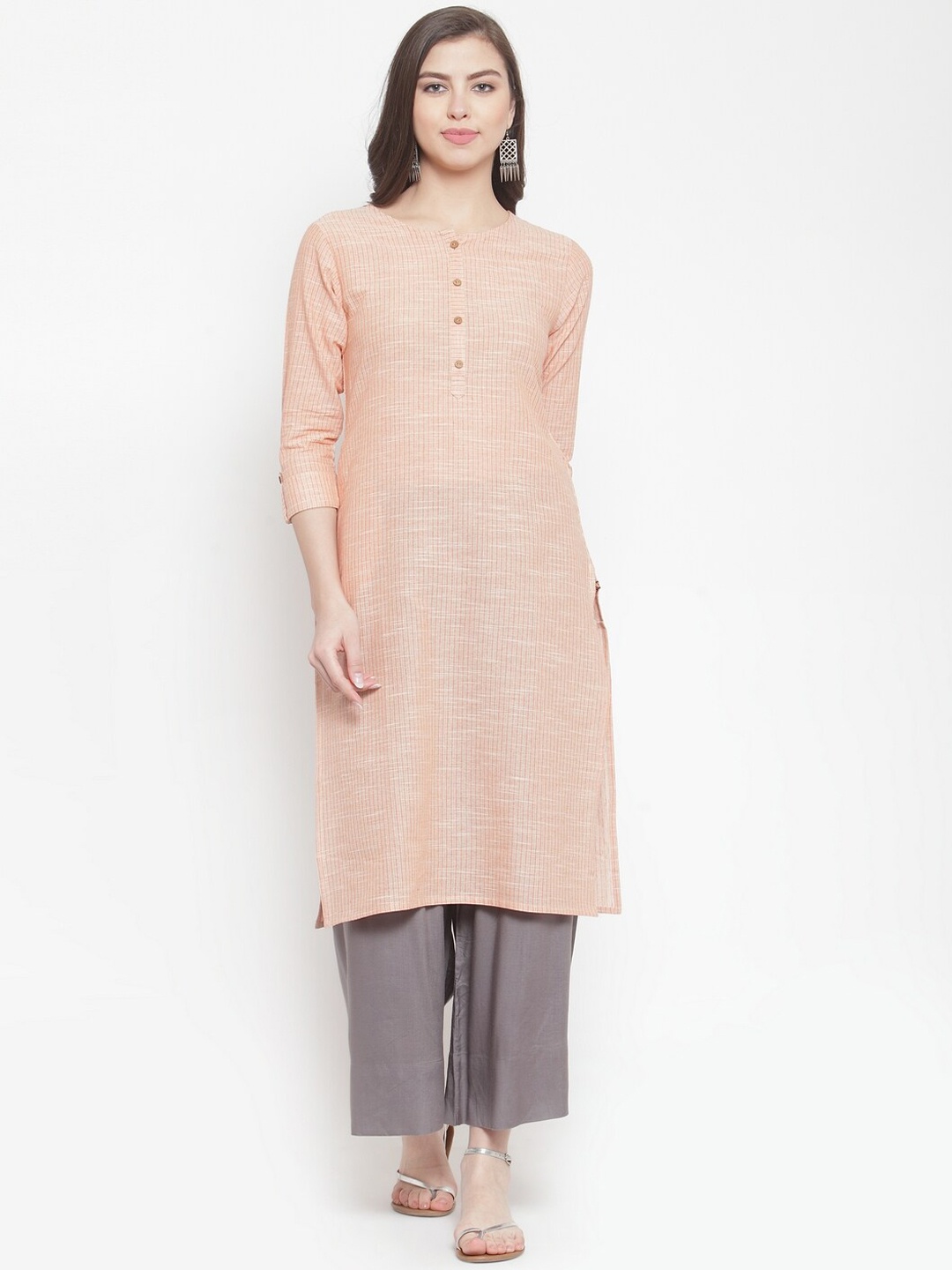 

KSUT Women Peach Striped Cotton Kurta