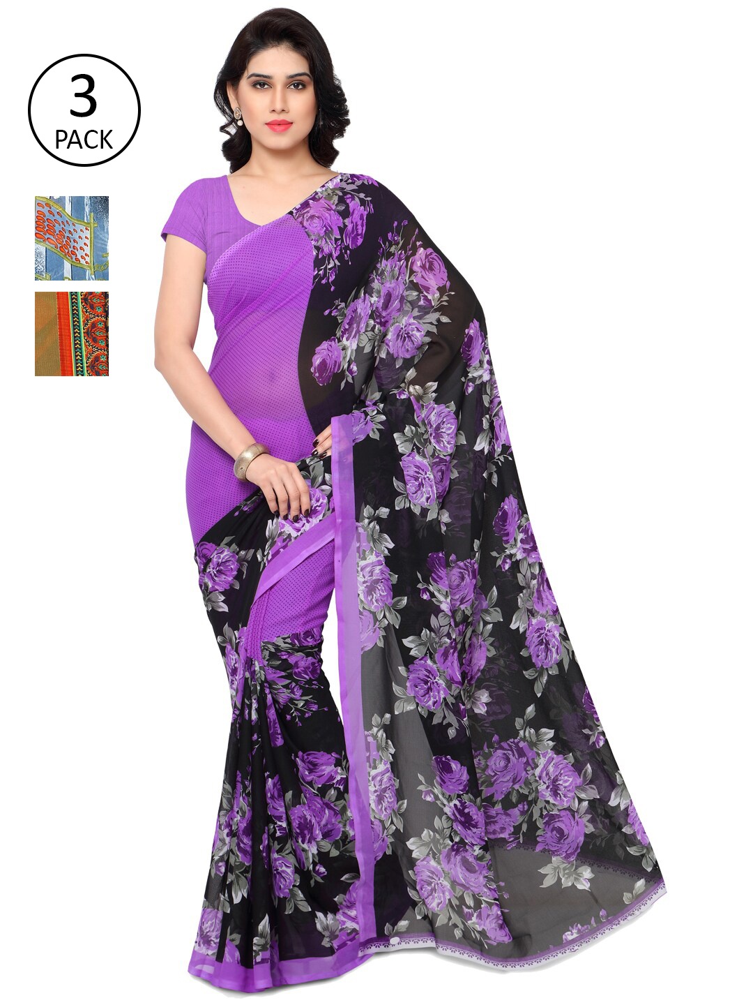 

ANAND SAREES Pack of 3 Poly Georgette Sarees, Grey